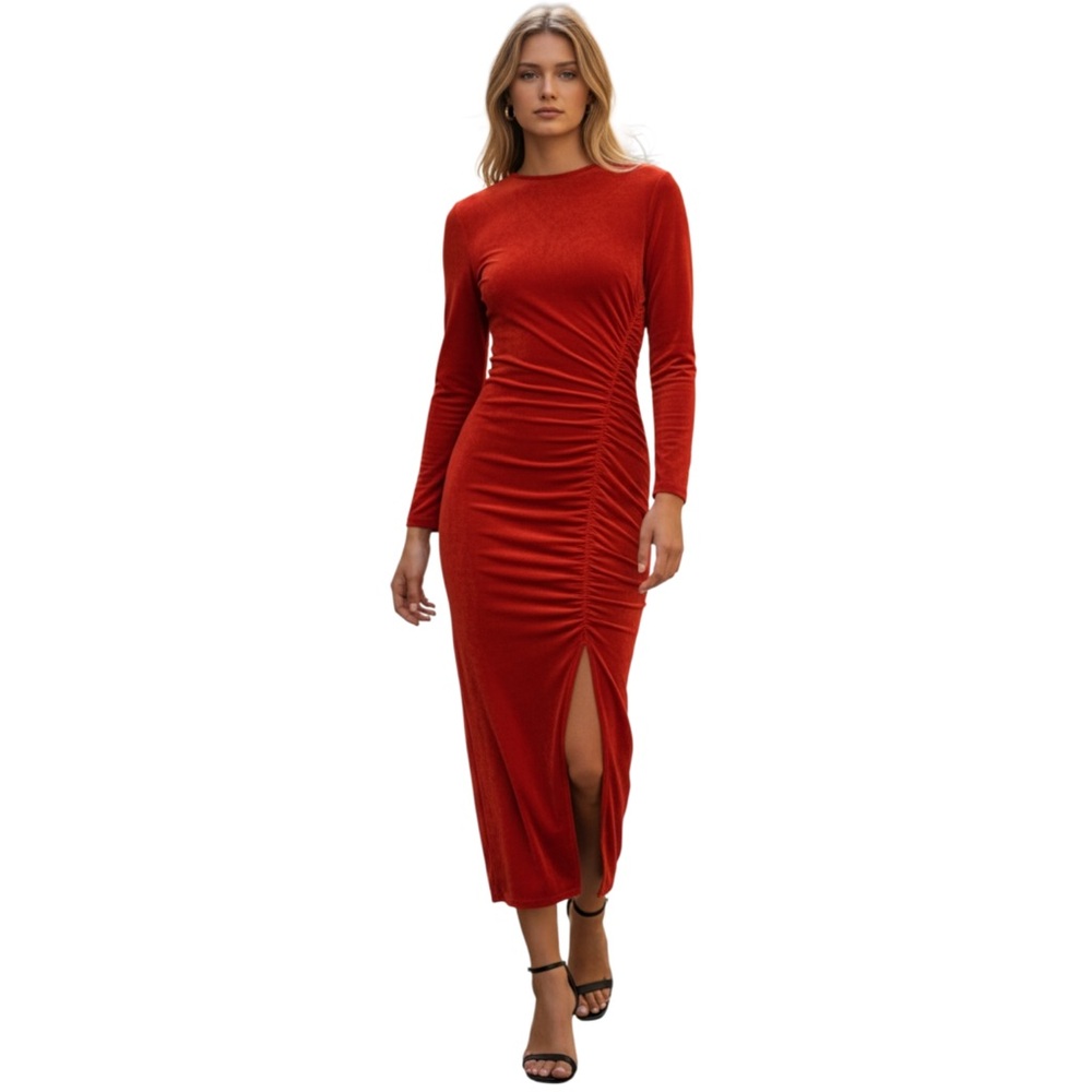 DONNA MORGAN Ruched Long-Sleeve Midi Dress, Color Red Ochre, Size‎ 10